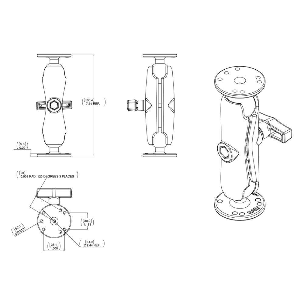 RAM Mount 15 Ball Double Socket Arm w2 25 Round Bases AMPs Pattern RAM101U