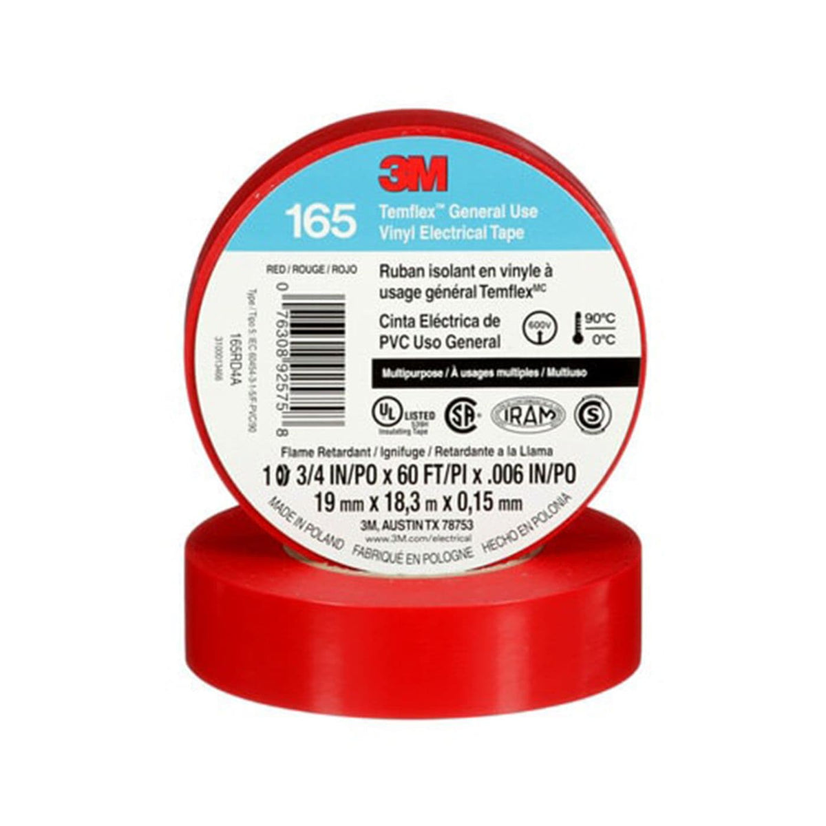 3M Temflex 165 Vinyl Electrical Tape - Red