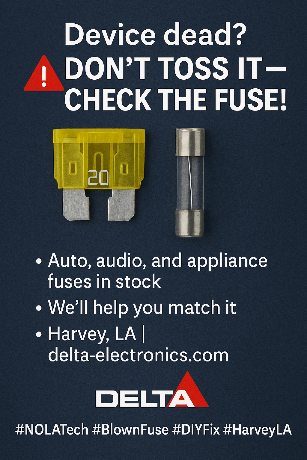photo of an automotive and glass fuse with Delta Electronic Logo
