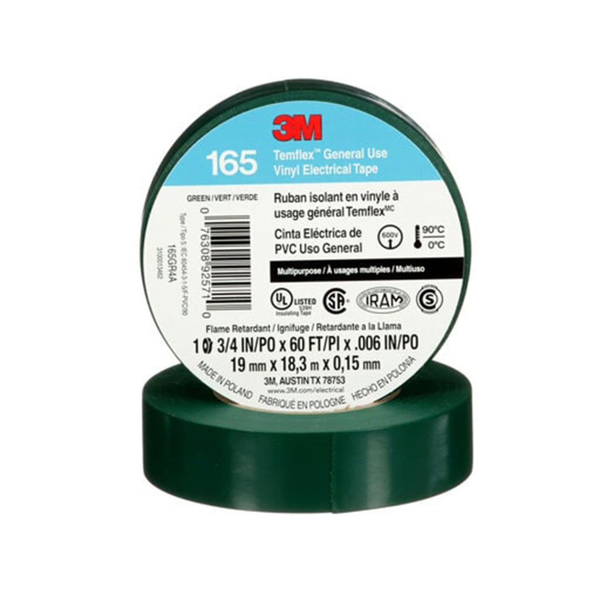 3M Temflex 165 Vinyl Electrical Tape - Green