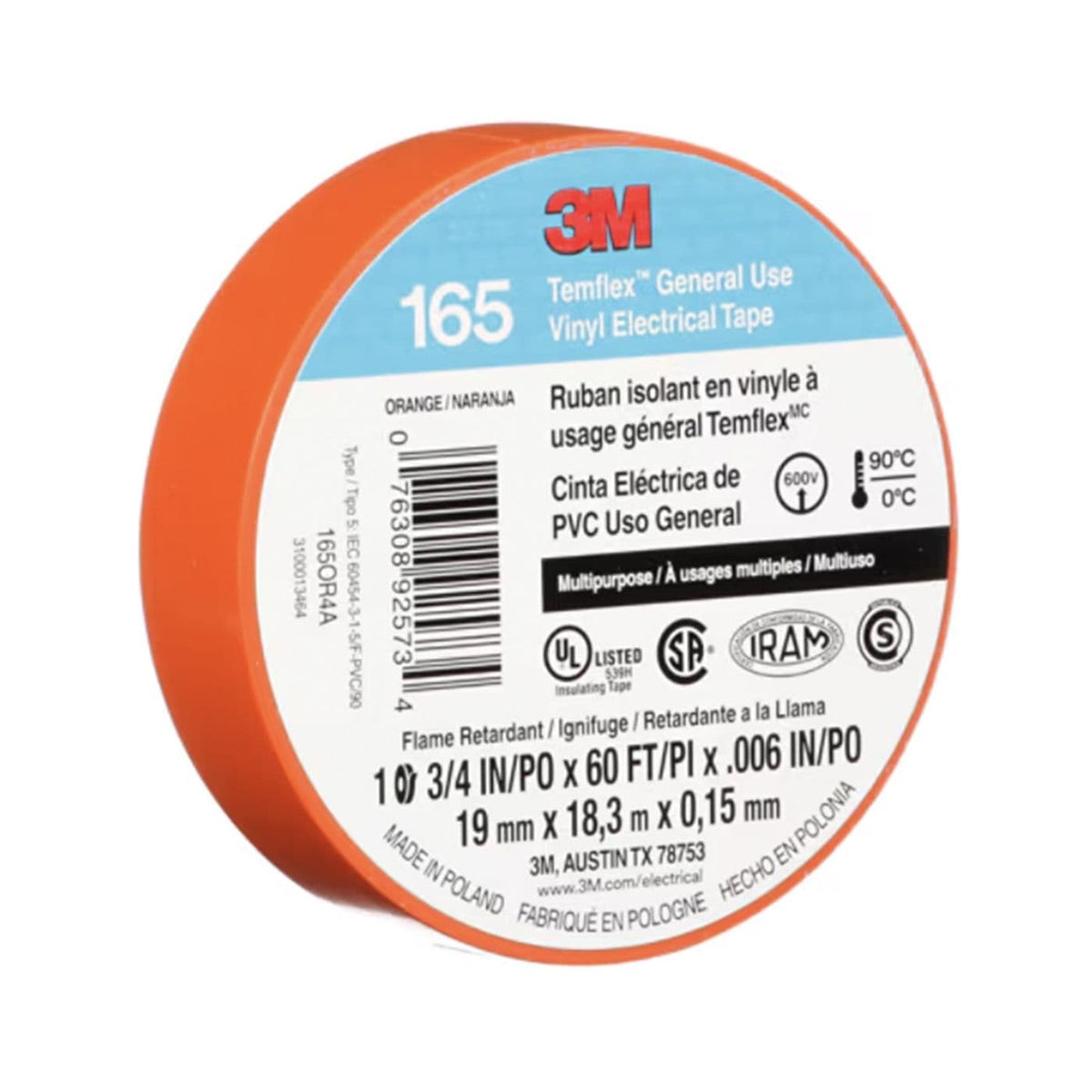 3M Temflex 165 Vinyl Electrical Tape - Orange